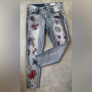 Light Wash Embroidered Skinny Jeans - Multicolor Accent